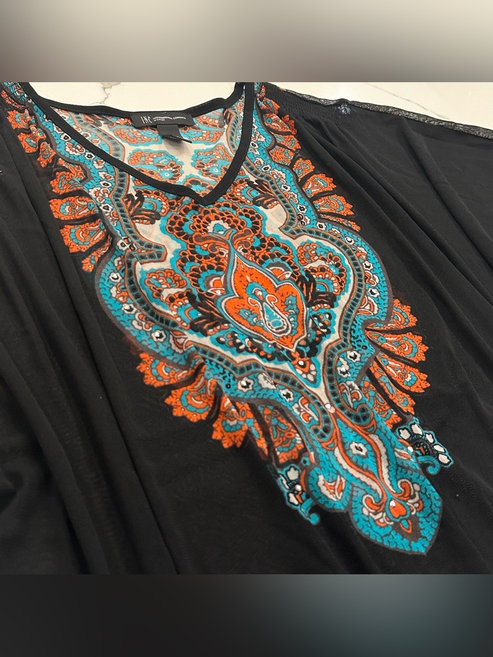 INC International Concepts Black Tunic Top with Turquoise & Orange Embroidery - Picture 2 of 10